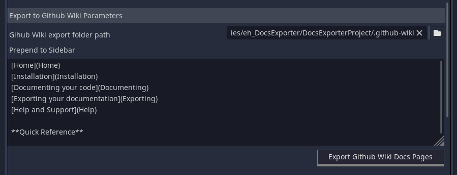 Image of Docs Exporter with Github Section filled up.